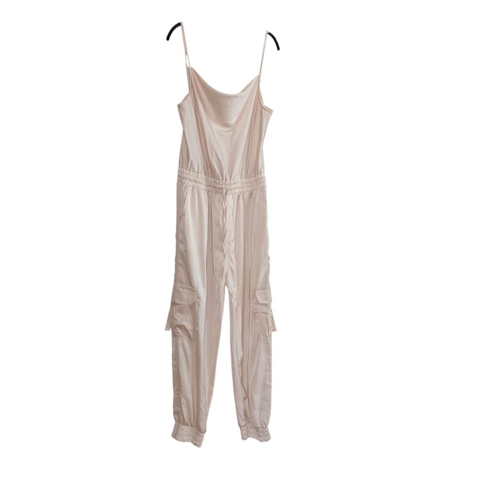 Promesa Champagne Satin Cargo Jumpsuit XL | Cowl Neck Elastic Waist Pockets - Picture 3 of 13